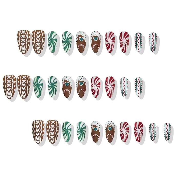 30Pcs Christmas Press on Nails Medium Almond Fake Nails Christmas Red and Green Xmas Candy False Nails with Glitter Heart Stripe Pattern Brown Artificial Nails Handmade Stick on Nail for Women DIY