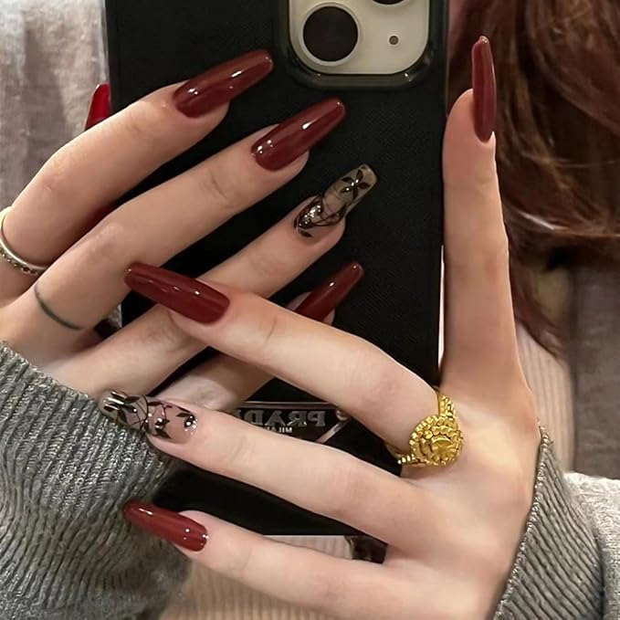 RikView Long Press Acrylic Nails - Red Coffin Fake Nails with Fall Design, Full Cover, 24 PCS/Set