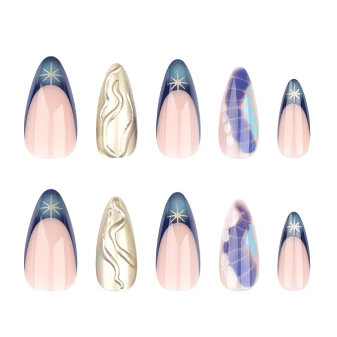 Hkanlre Stiletto Press on Nails Fake Blue Nails Tips Full Cover False French Long Nails for Women and Girls 24PCS