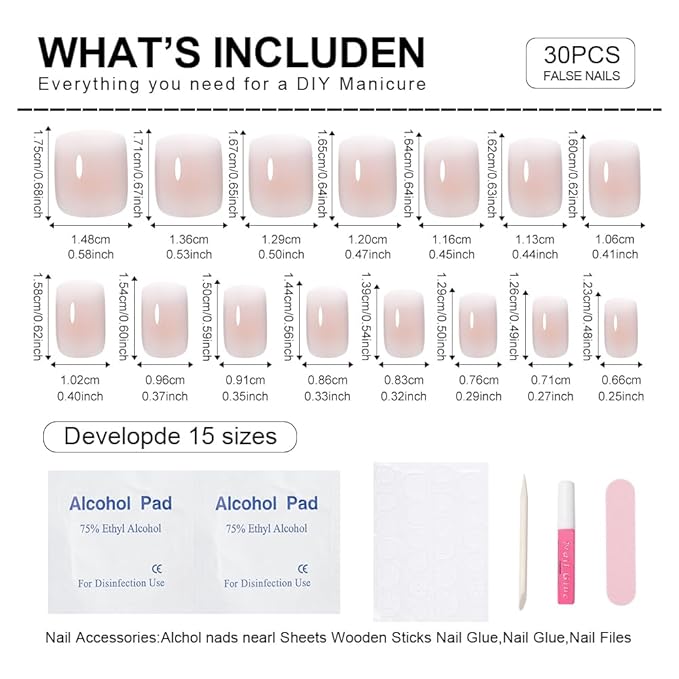 Pink Nude Ombre Press On Nails Short Square, Gradient French Tip Designer Fake Nail Reusable Real Acrylic Nails for Women, Glossy Soft Gel False Nail with Glue On Nails, Wedding Stick On Nail