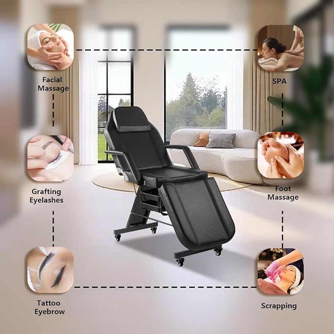 Facial Chair with Wheel Tattoo Chair for Client Beauty Chair Artist Spa Bed Removable Headrest for Client, Esthetician, Artist, Lash Bed Black