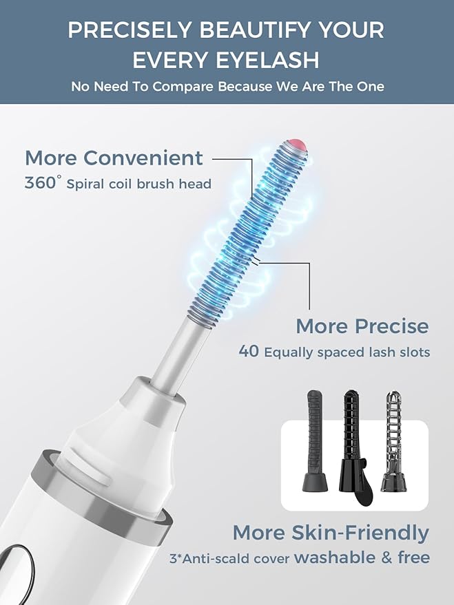 Smiling Shark Heated Eyelash Curler, 360°Wand-Style Heated Lash Brush Rechargeable with 3 Brush Heads & 3 Temp & 5s Fast Heating【Lengthen/Define/Curler】 3-in-1 Lash Curler for All Types of Lashes