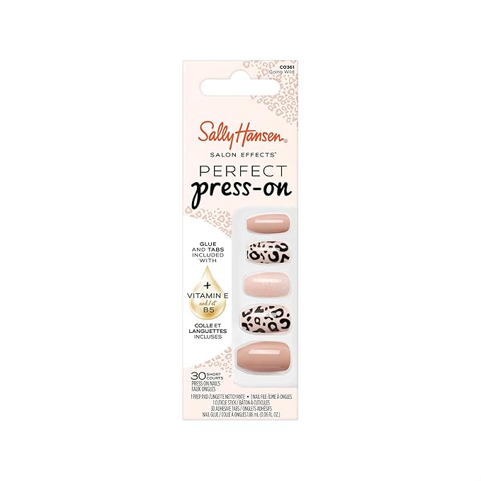 Sally Hansen Salon Effects Perfect Press-On Nails | Coffin Shape | Easy to Apply, Non-Damaging | 30 Nails, Nail Glue, Adhesive Tabs, File | Going Wild