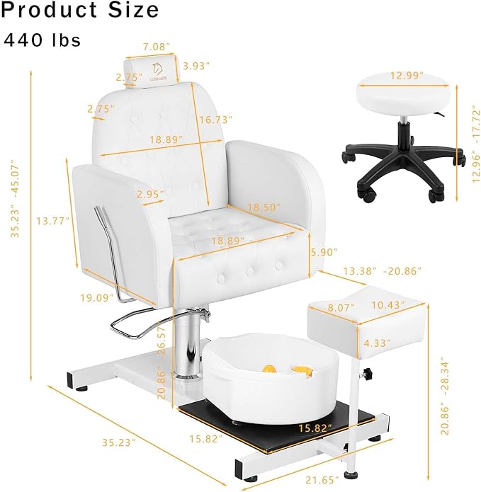 Pedicure Chair Station with Stool, 360° Rotation Hydraulic Reclining Pedicure Chair No Plumbing Unit Station with Foot Basin White