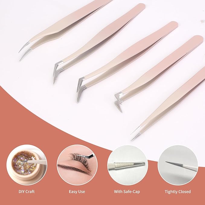 5 Pcs Lash Extension Tweezers, Lash Tweezers for Eyelash Extension, Straight and Curved Eyelash Tweezers, For Professional Eyelash Extension Artists, Girls, Women, Beginners