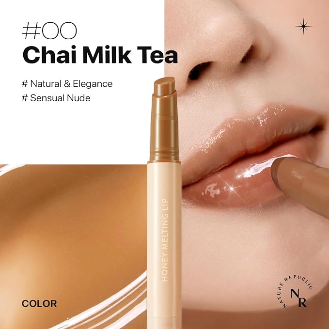 Nature Republic HONEY MELTING LIP (00 CHAI MILK TEA) SOFT LIP STICK Hydrating Gloss, Moisturizing balms, Sheer tint, Shine & Nude, Glowy Finish, korean make up