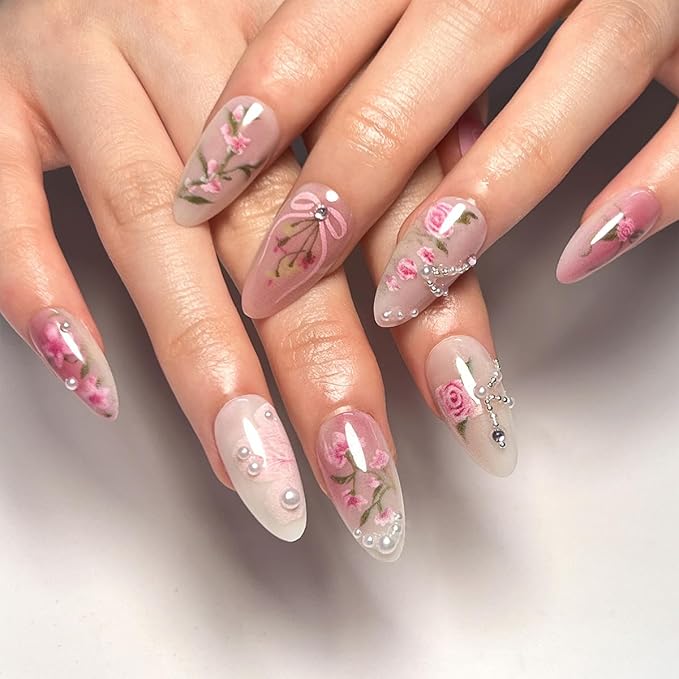 24Pcs Pink Flower Press on Nails Medium Almond Fake Nails Peach Blossom with Heart Rhinestones Glitter Design Full Cover Handmade Press Ons Stick on Nails Acrylic False Nails for Women Manicure Salon