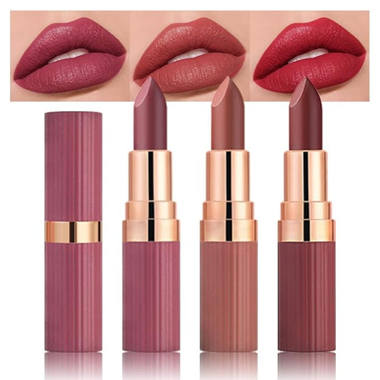 evpct 3Pcs Matte Creamy Lipsticks Set, Maroon Wine Coral Ruby Red Lip Stick Set for Women, Long Lasting Waterproof Velvet Lipsticks Blendable Silky, Longwear Lip Makeup Set 24 hours original labios 02