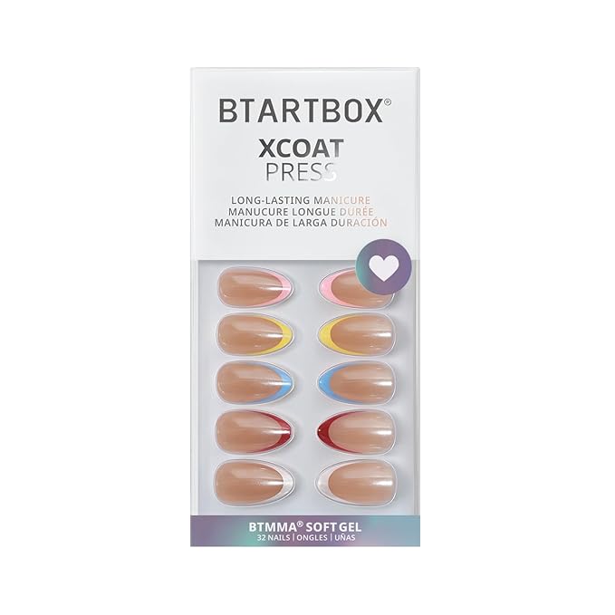 BTArtbox Press On Nails Short - Lamp-Curable Summer Colorful French Tip Almond Press On Nails with Glue for Women, Semi-Transparent Soft Gel Glue On Nails in 16 Sizes - 32 Stick On Nails Kit, Cha-Cha