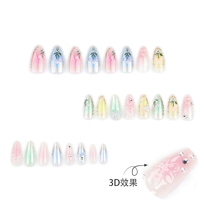 Colorful Press on Nails Medium Almond Fake Nails with 3D Flower Butterfly Designs Muti Colorful Gradient Acrylic Nails False Nails Stiletto Full Cover Glossy Stick on Nails for Women 24Pcs
