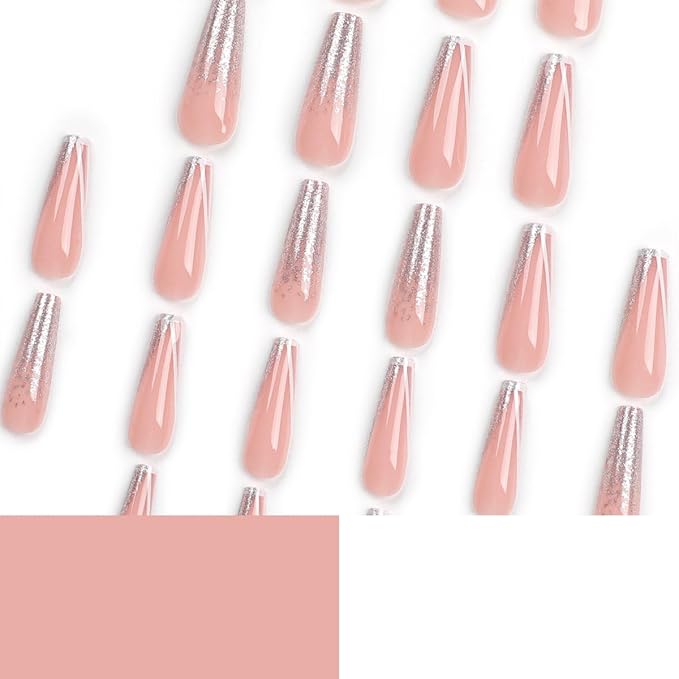 Balleria Press on Nails Silver Glitter French Tip Fake Nails | Long Coffin Glossy False Nails Full Cover Glue on Nails for Women 24PCS