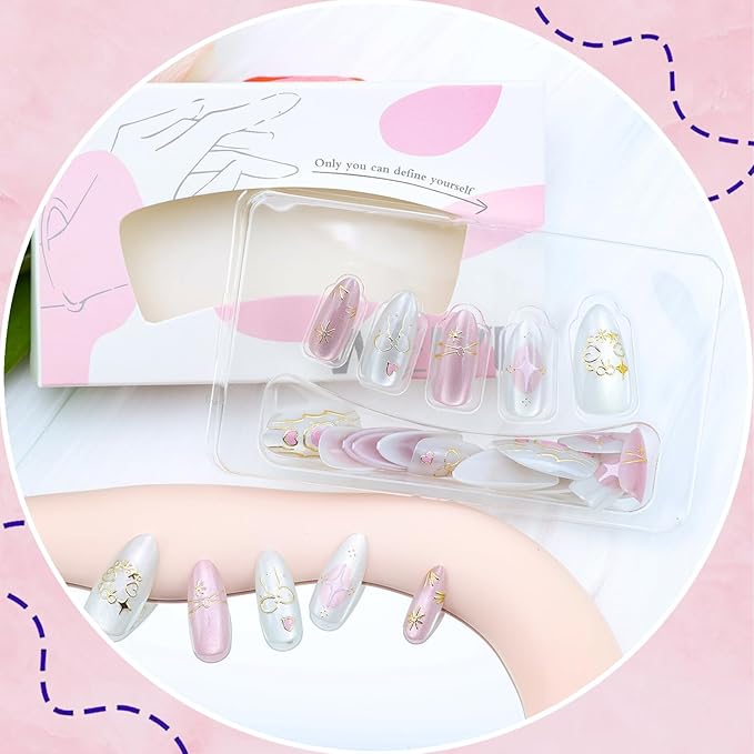 30Pcs Pink Press on Nails Medium Almond Fake Nails with Glitter Designs Stick on Nails Cute Heart Bow False Nails Gold Star Acrylic Nails Full Cover Glue on Nails for Women Nail Decoration Supplies