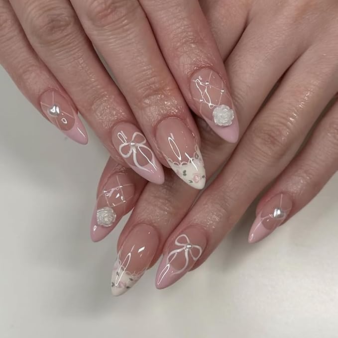 Handmade 3D Flower Pearl French Tips Press On Nails Almond Medium, Floral Bow French Tip Designer Reusable Acrylic Fake Nails With Cute Glue On Nails, Daily Wear Nails For Women Girls