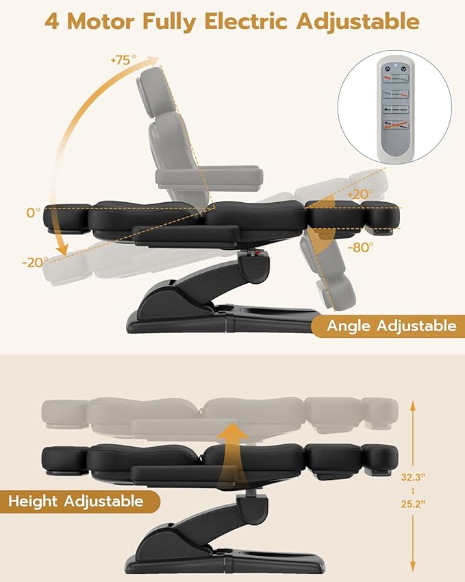 Paddie 360° Swivel Fully Electric Tattoo Chair 4 Motor with 20° Backward Tilt, Motorized Height & Angle Adjustable Massage Table Professional 660lbs, Headrest & Footrest Length Adjustable