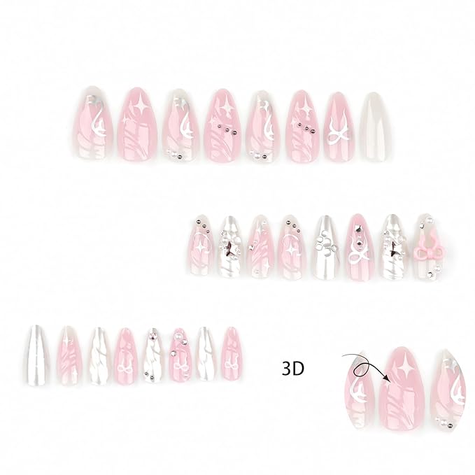 24Pcs Pink Press on Nails Medium Almond Fake Nails with 3D Bow Star Rhinestones Pearl Design Silver Chrome Star Full Cover False Nails White Pink Ombre French Tip Glue on Nails for Women