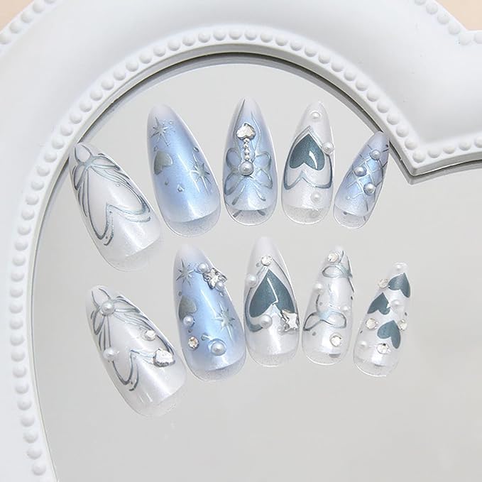 Blue Press on Nails Almond Fake Nails Silver Bow Heart with Rhinestone Design Star False Nail Pearl Stick on Nails Artificial Glossy Glue on Nail Full Cover Long Nail for Women Salon Manicure