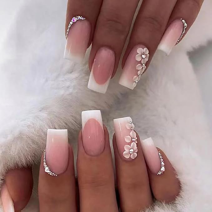 9 Packs (216 Pcs) Press-on Nails - Pink Gradient, Short French Tip, Almond, Glue-on Nails - 12 Sizes, 9 Styles