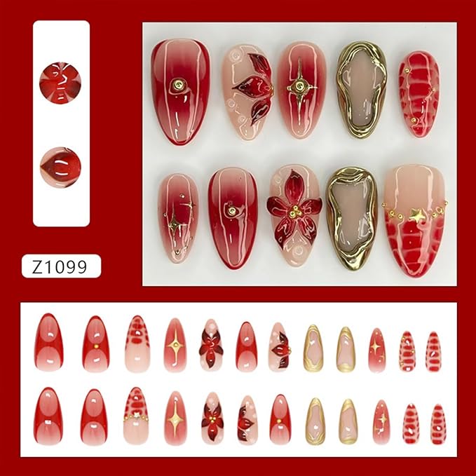 24Pcs Red Flower Press on Nails Medium Almond French Tip Fake Nails with 3D Gilding Star Line Design Gold Rhinestones False Nails Glossy Stick on Nail Full Cover Artificial Glue on Nails For Women DIY