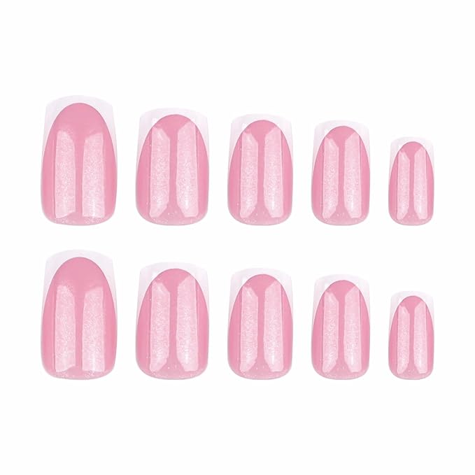 French Tip Press on Nails Short Square Fake Nails Glitter Acrylic Nails Nude Pink False Nails Press ons Stick on Nails Glossy Artificial Nails for Women Girls Nails Decoration 24Pcs