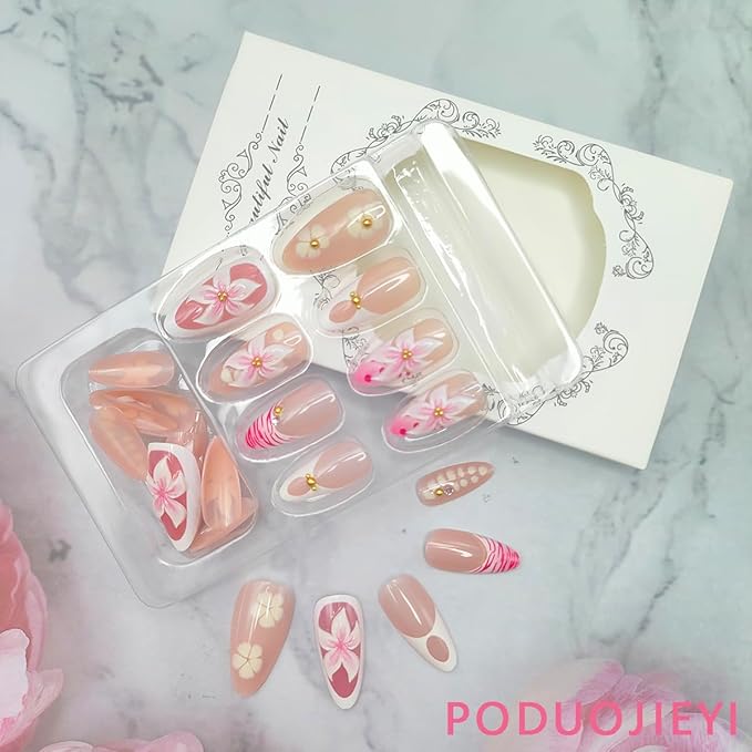 24Pcs Flower Press on Nails Almond Medium Fake Nails with 3D Floral Gold Bead Design Pink Leopard French Tip False Nails Glossy Glue on Nails Full Cover Summer Stick on Nails for Women Manicure Decor