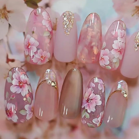 24Pcs Pink Flower Press on Nails Medium Almond Fake Nails 3D Pearl Rhinestones Peach Blossom with Gold Foils Glitter Full Cover Artificial Nail Stick on Nails Spring False Nails for Women Acrylic Nail
