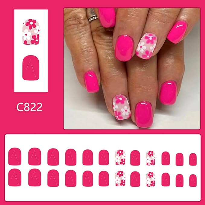 Hot Pink Press on Nails Short Square Fake Nails Flowers False Nails Cute Floral Glossy Full Cover Acrylic Nails Summer Glossy Glue on Nails Shiny Artificial Stick on Nails for Women Manicure 24 Pcs