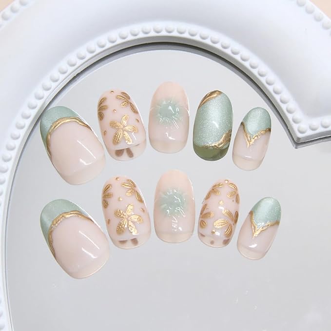 24Pcs Press on Nails Short Almond Fake Nails Nude with Gold Flower Design French Tip False Nails Glitter Stick on Nail Full Cover Cute Glue on Nail Acrylic Art Kit for Women DIY Manicure Kit