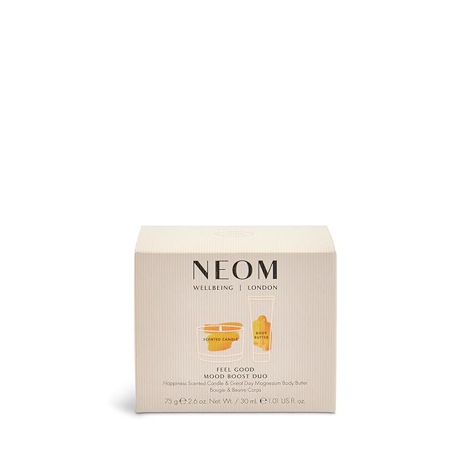 Neom Feel Good Mood Boost Duo Gift Set I Contains: Happiness Travel Candle 75g, Great Day Magnesium Body Butter 30ml I 100% Natural Scent I Sprinkle Happy Vibes