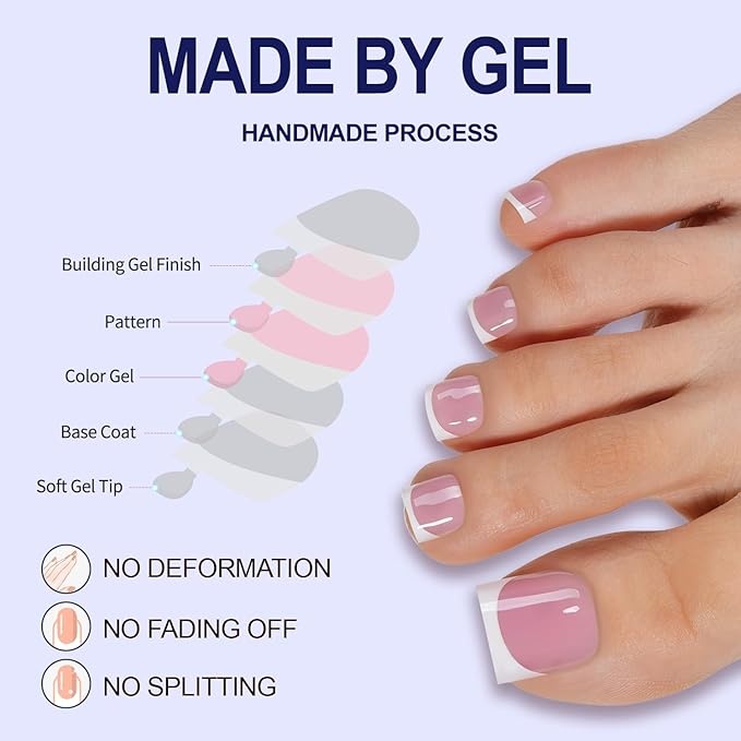 Misssix Press On Toe nails Short, 150Pcs French Toe Nail Tips Pink White, Square Soft Gel Fake Toe Nail Tips Extensions for Women Nail Art DIY 15 Sizes
