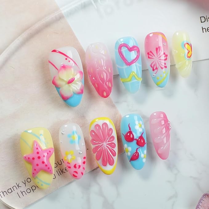 24Pcs Summer Beach Press on Nails Medium Almond Fake Nails Colorful 3D Hibiscus Flowers Heart Starfish Design Glossy Full Cover Stick on Nail French Tip False Nails for Women Girls Acrylic Cute Nails