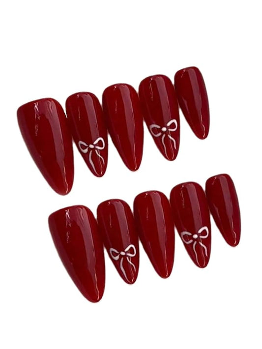 Red Press On Nails Bow Design - Medium Almond Handmade Reusable Gel Acrylic 10pcs (Dark Rose Collection, Size M)