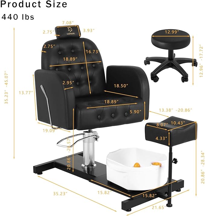 Reclining Pedicure Chair with Foot Massage Basin & Stool, Hydraulic Adjustable Pedicure Chair Station, 360° Rotation Beauty Spa Salon Unit Station Black