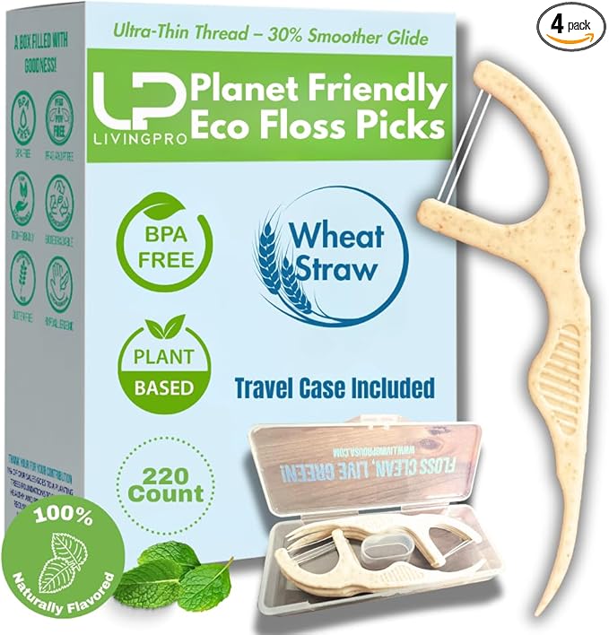 Twin Line Biodegradable Floss Picks (220 Count) - Compostable Tooth Flossers Minty Fresh-Double Thread 2X The Clean | Bonus Travel Case | Thing Thread Glide Easy & Shred-Resistant