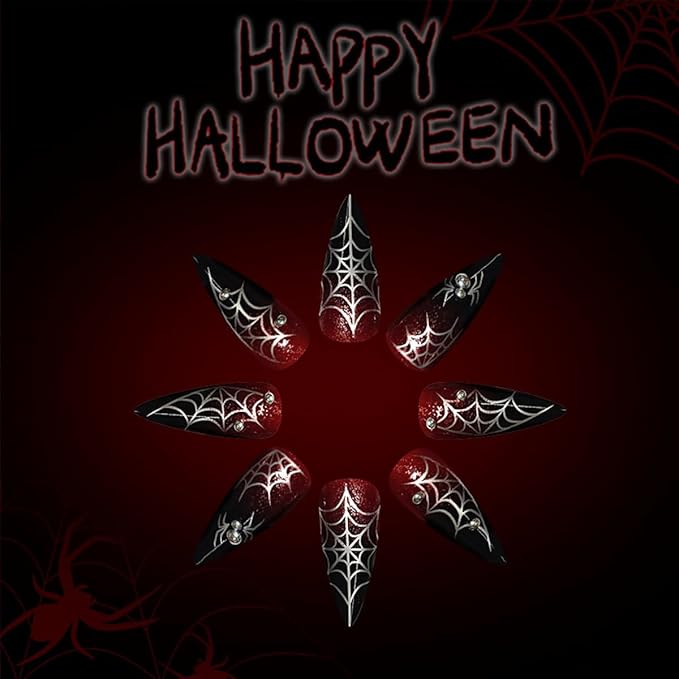 24Pcs Halloween Press on Nails Medium Almond Pointed Goth Fake Nails with Spider Web Rhinestones Design Halloween False Nails Black Red Gradient Acrylic Glue on Nails Reusable Nails Kit for Women DIY
