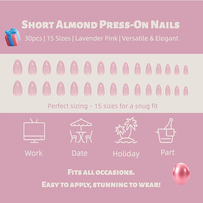 30PCS Short Almond Press on Nails – Pink Purple Fake Nails with 15 Sizes, Soft Back Edge & Durable Tip, No Measuring Needed, Reusable Stick-On Nail Tips for Women