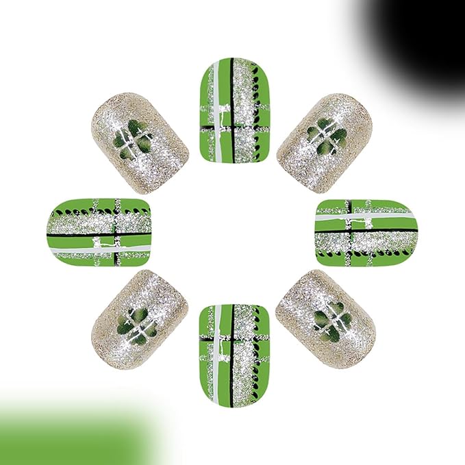 24Pcs St. Patrick's Day Press on Nails Short Square Fake Nails with Four Leaf Clover Glue on Nails Gold Glitter Full Cover False Nails Shamrock Acrylic Nails Irish Stick on Nails Gift for Women