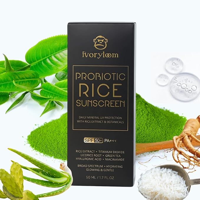 ivoryloom SPF 50 PA++++ Mineral Sunscreen | Fast Absorbing Hydration with Rice Ferment, Niacinamide, Hyaluronic Acid, Titanium Dioxide | Broad Spectrum | No White Cast | Reef Safe | 1.7 OZ