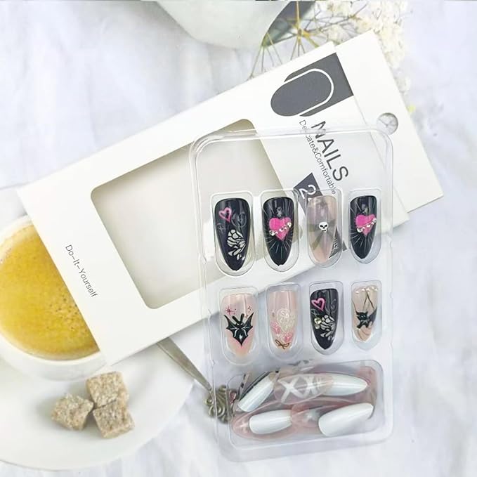 Halloween Press on Nails Medium Almond Fake Nails Gothic Bat Acrylic Nail Full Cover Bow Cat False Nail with Rhinestones Design Skeleton Heart Glue on Nail Halloween Nails Press on for Women 24Pcs