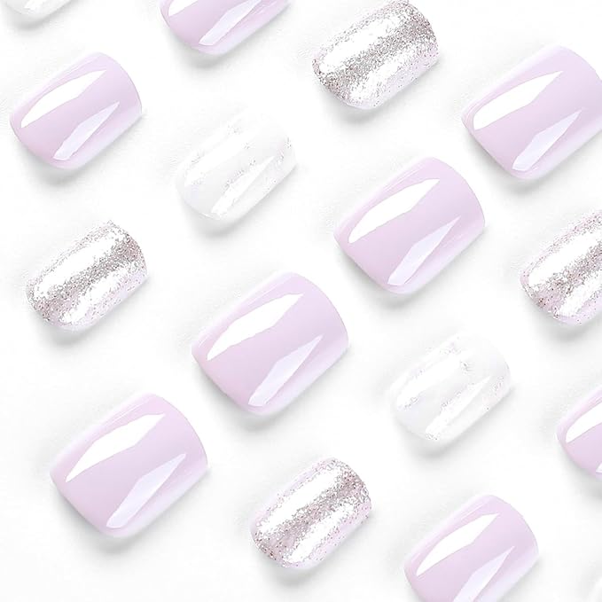 Press on Nails Short Square, Light Purple Fake Nails Kit with Silver Glitter Designs, Glossy Acrylic Press on Nails, Thick Reusable Glue on Nails Short Press on Nails for Women, Gleaming Lilac