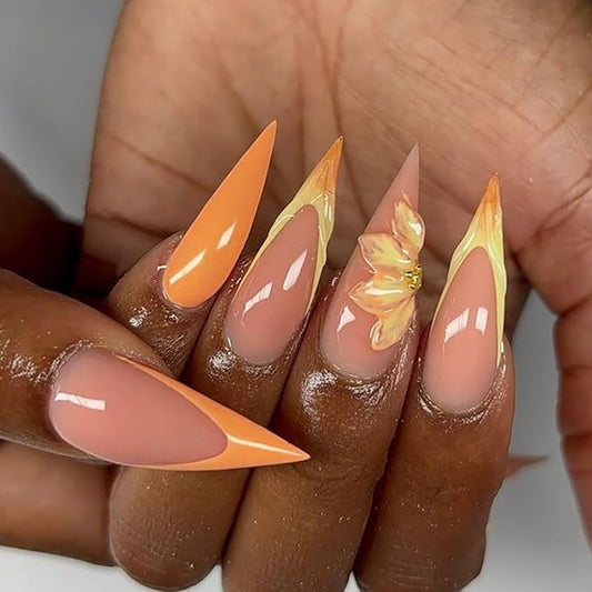 Long Press on Nails Almond shaped False Nails Nude Pink and Orange Fake Nail Artistic 3D Flower Stick on Nail for Women 24pcs