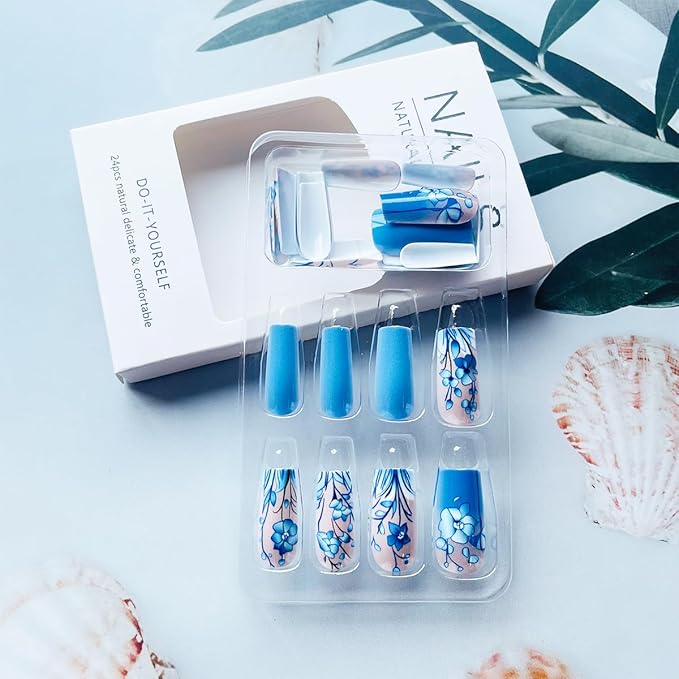 Coffin Press on Nails Medium Square Fake Nails with Blue Flower Designs Spring Summer Glue on Nails Full Cover Acrylic Nails Reusable Artificial False Nail for Women Girls Manicure Salon 24pcs
