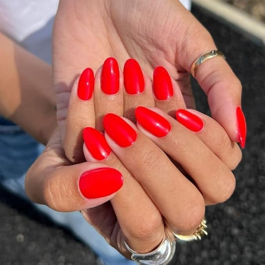 Red Short Almond Fake Nails Press ons, Short False Thick Solid Color Glue on Nails, Medium Almond Oval Round Shaped Nails for Women, 24Pcs Natural Acrylic Gel Nails