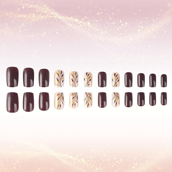 Fall Leaves Stick on Fingernails 24Pcs Glossy Gold Glitter Acrylic Fake Nail Maple Leaf Press on Nails Thanksgiving Medium Square False Nails Autumn Gel Glue on Nail for Coquette Women Girls