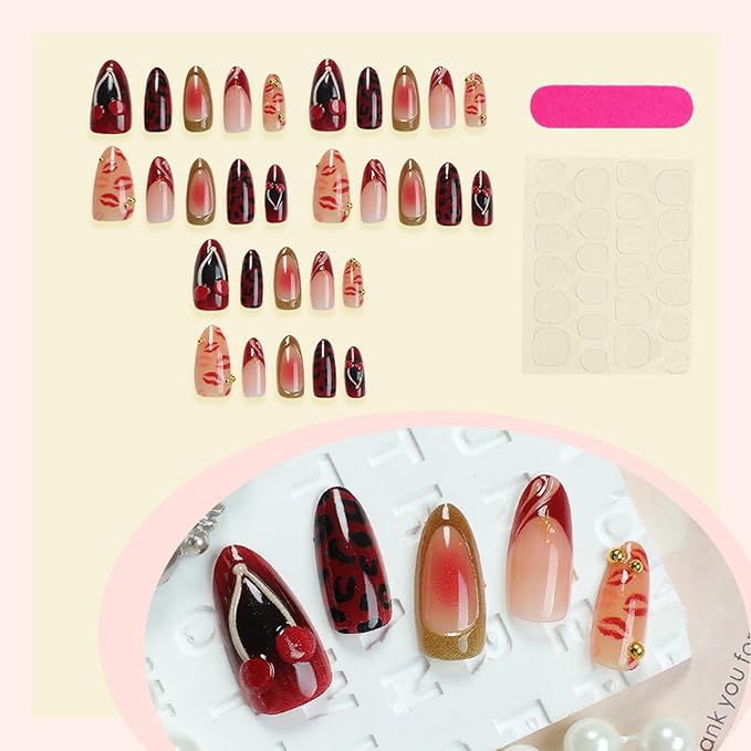 30Pcs French Press on Nails Medium Length Almond Fake Nails with Beads Design Nails Tips Red Lips Press on Cute Stick on Nails Handmade False Fingernails for Women DIY Manicure