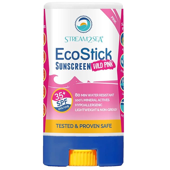 STREAM2SEA EcoStick SPF 35 Mineral Sunscreen Stick, Sweat Water Resistant Sunblock, USDA Approved Biodegradable Paraben Free Reef Safe Sunscreen Protection Against UVA UVB (EcoStick WildPink) 0.5 oz
