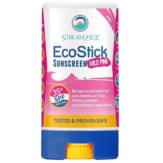 STREAM2SEA EcoStick SPF 35 Mineral Sunscreen Stick, Sweat Water Resistant Sunblock, USDA Approved Biodegradable Paraben Free Reef Safe Sunscreen Protection Against UVA UVB (EcoStick WildPink) 0.5 oz