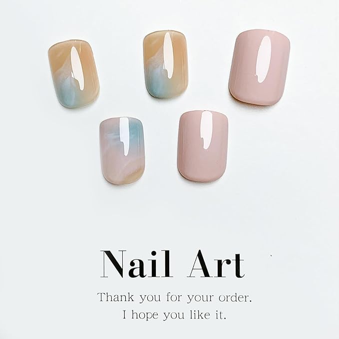 Short Square Press on Pink Marble Glossy Acrylic Nails with Ombre Design - Cute False Squoval Full Cover Glue on Nails for Women Girls - 24 Pcs