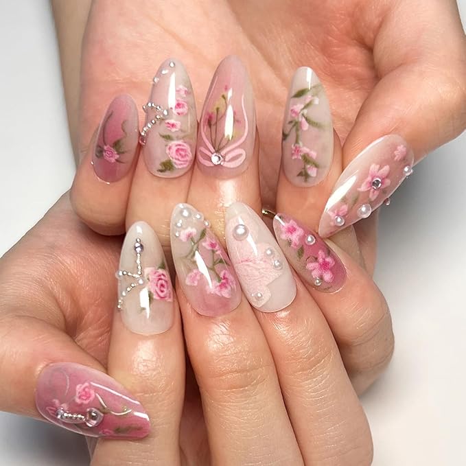 24Pcs Pink Flower Press on Nails Medium Almond Fake Nails Peach Blossom with Heart Rhinestones Glitter Design Full Cover Handmade Press Ons Stick on Nails Acrylic False Nails for Women Manicure Salon
