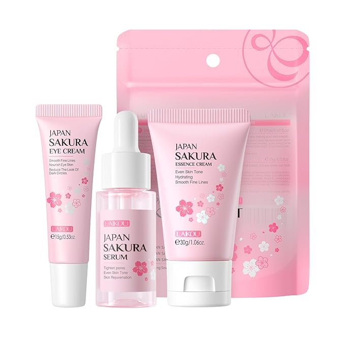 LAIKOU Skin Care Set JAPAN SAKURA Beauty Gift Sets Skin Care Kit with Serum, Eye Cream, Face Cream Travel Kit for Women Wife Mom Teen Girls TSA-friendly Sizes Christmas Gift 3pcs