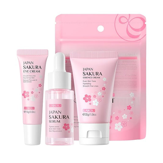 LAIKOU Skin Care Set JAPAN SAKURA Beauty Gift Sets Skin Care Kit with Serum, Eye Cream, Face Cream Travel Kit for Women Wife Mom Teen Girls TSA-friendly Sizes Christmas Gift 3pcs